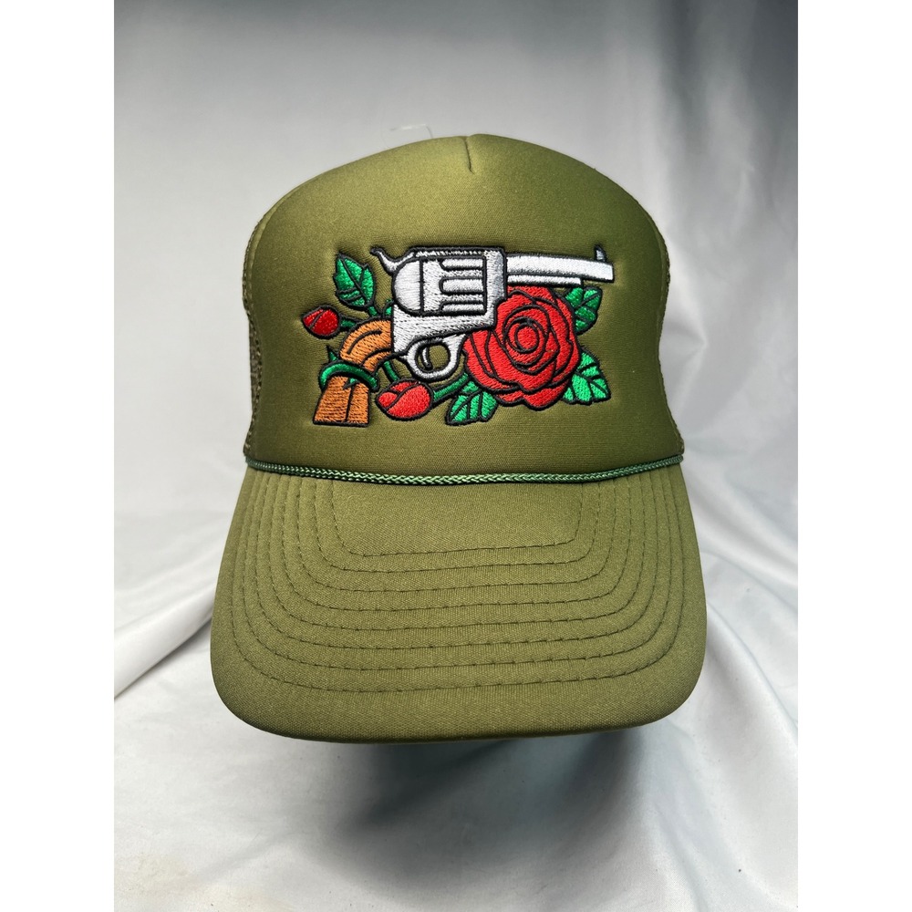 Dropout New York Olive Green Revolver Rose Embroidered Mesh Trucker Hat Snapback
